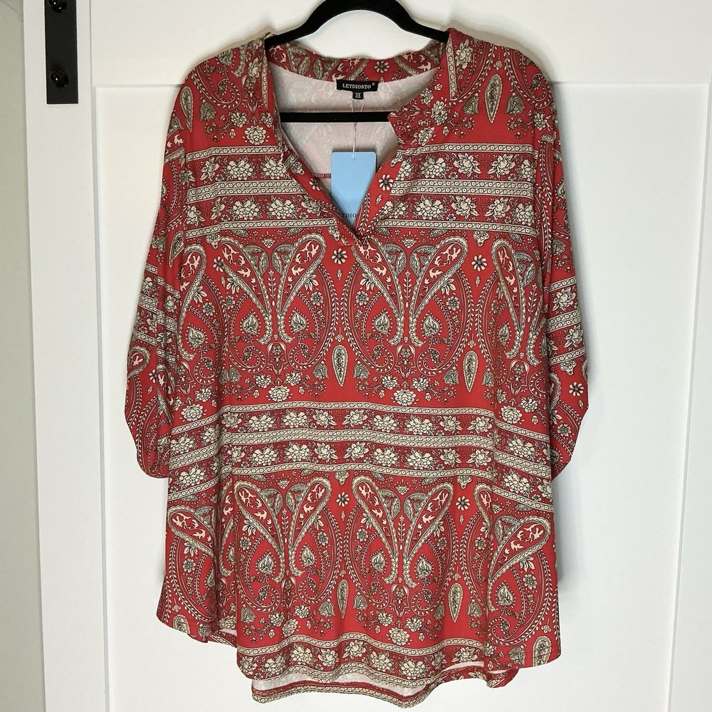 Letdiosto Tunic Top Women's Plus‎ Size 3X Red Paisley Floral Boho Cottagecore